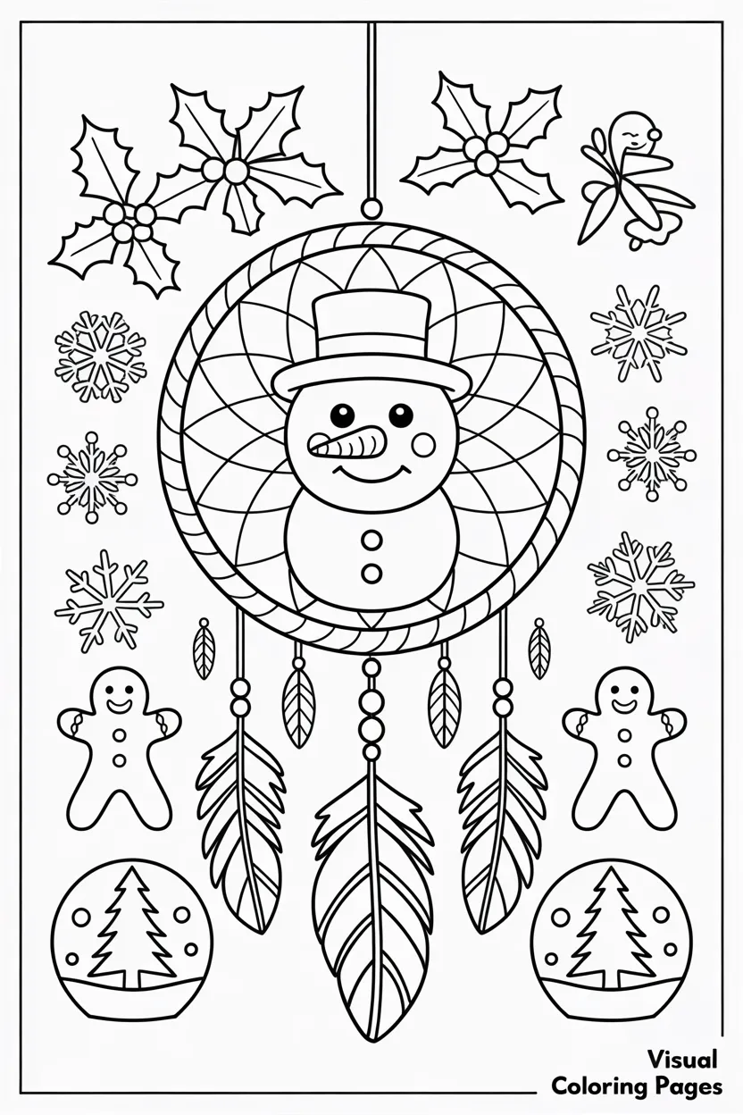 snowman dreamcatcher with feathers and snowflakes