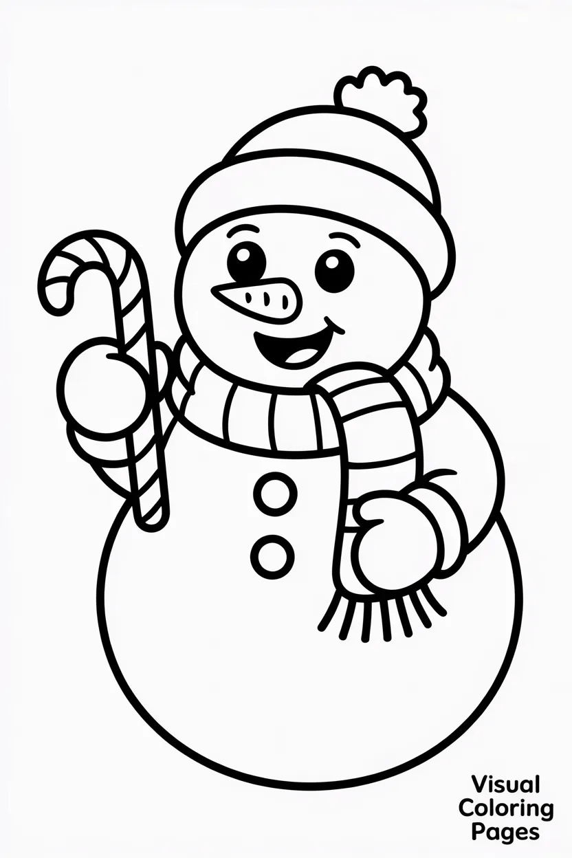 snowman holding a candy cane wearing a scarf and mittens