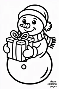 snowman holding a wrapped gift with mittens and a scarf