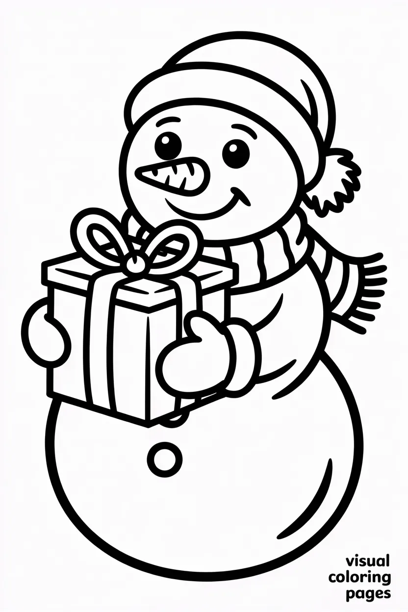 snowman holding a wrapped gift with mittens and a scarf
