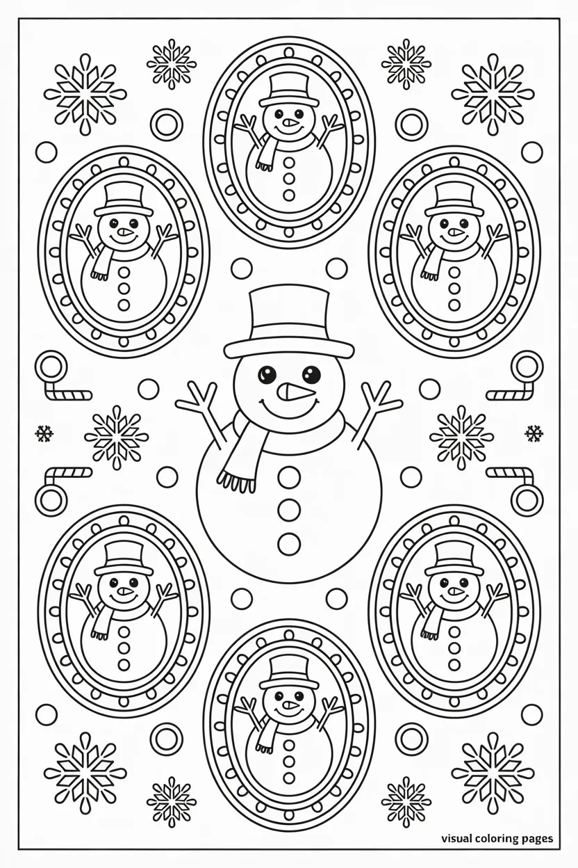 snowman mandala with candy canes and peppermints coloring page for adults