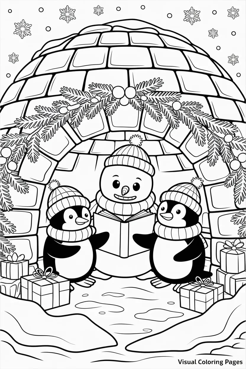 snowman reading book to penguins inside an igloo