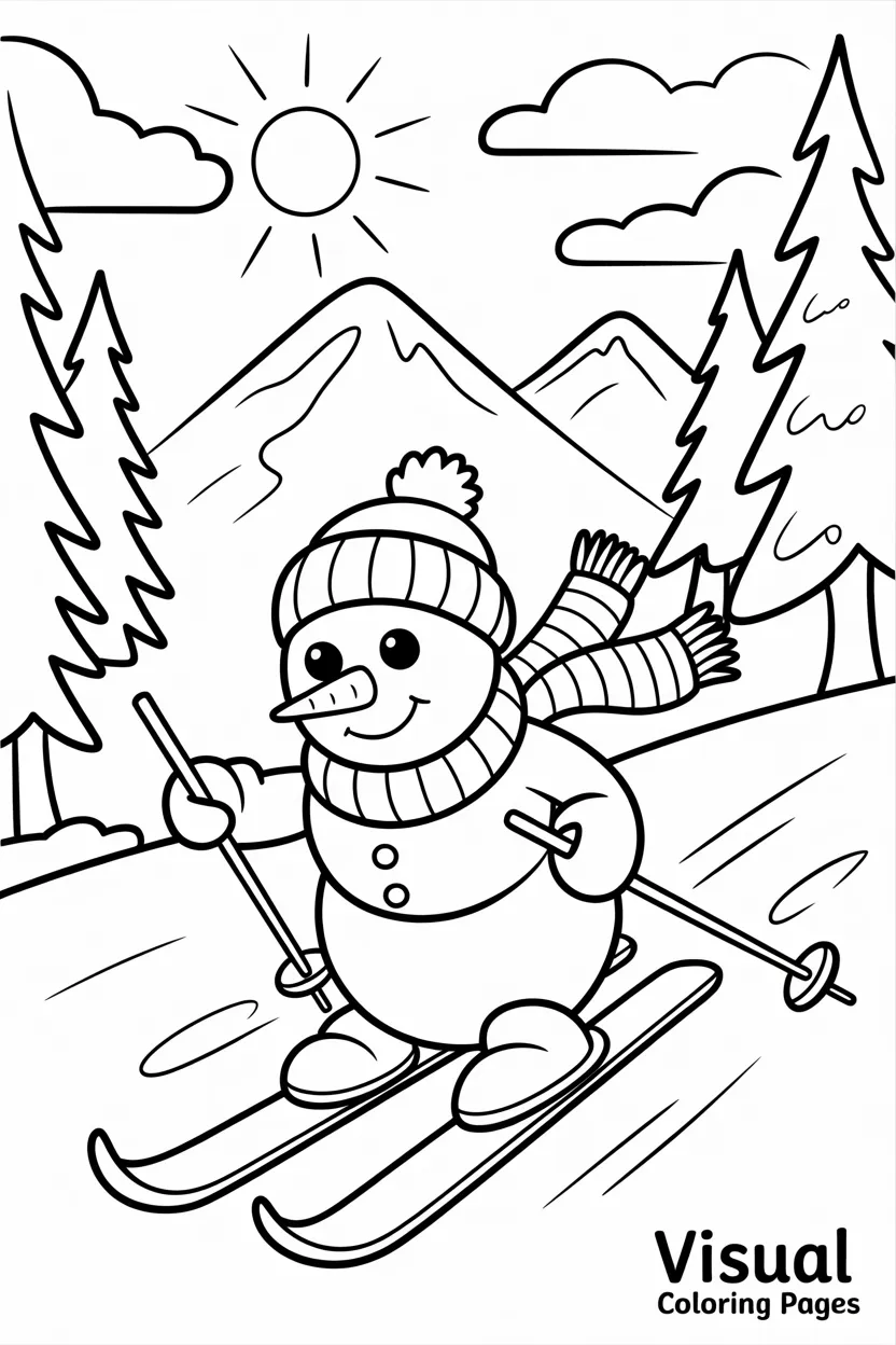 snowman skiing down a mountain slope coloring page