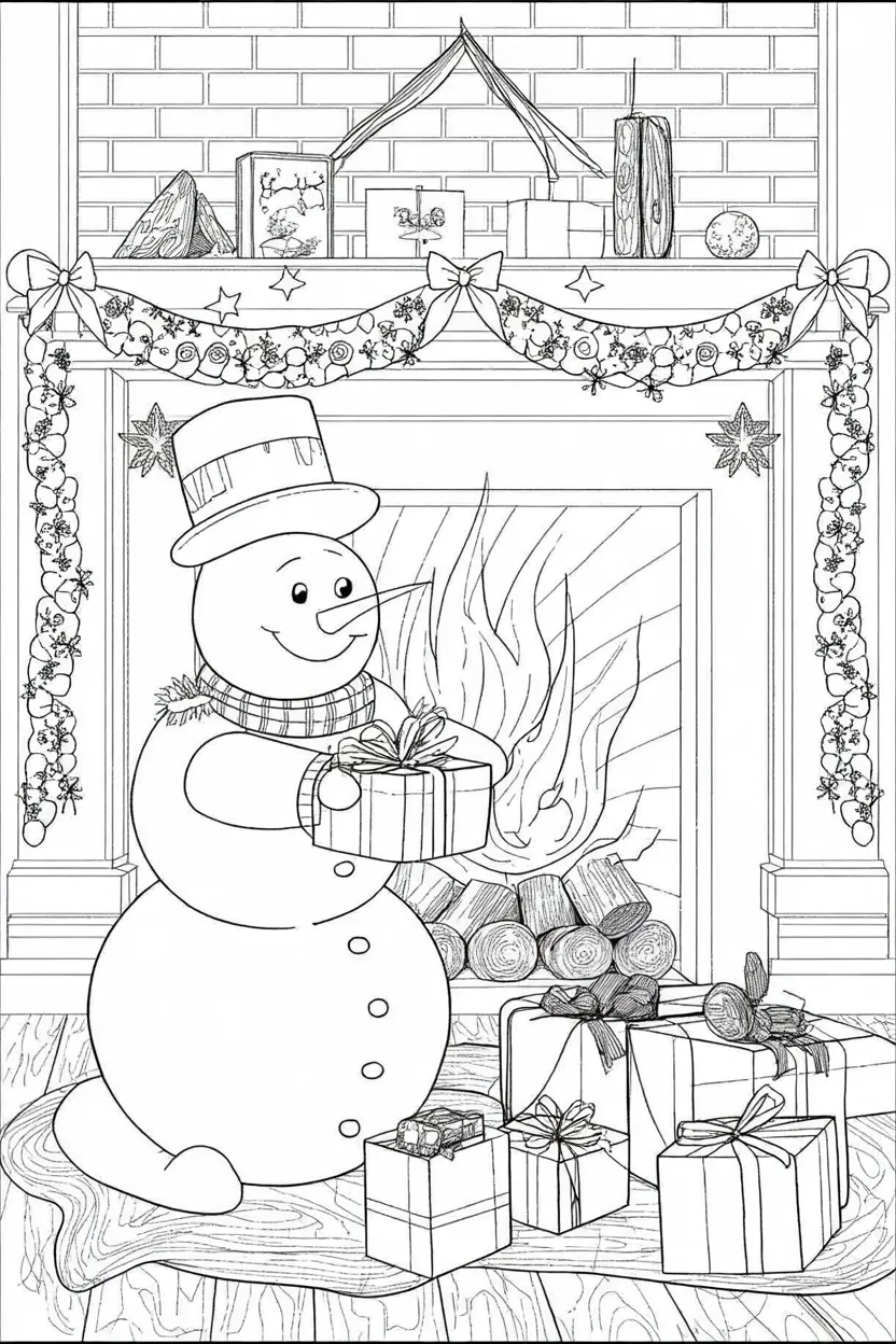 snowman with christmas presents by the fireplace coloring page