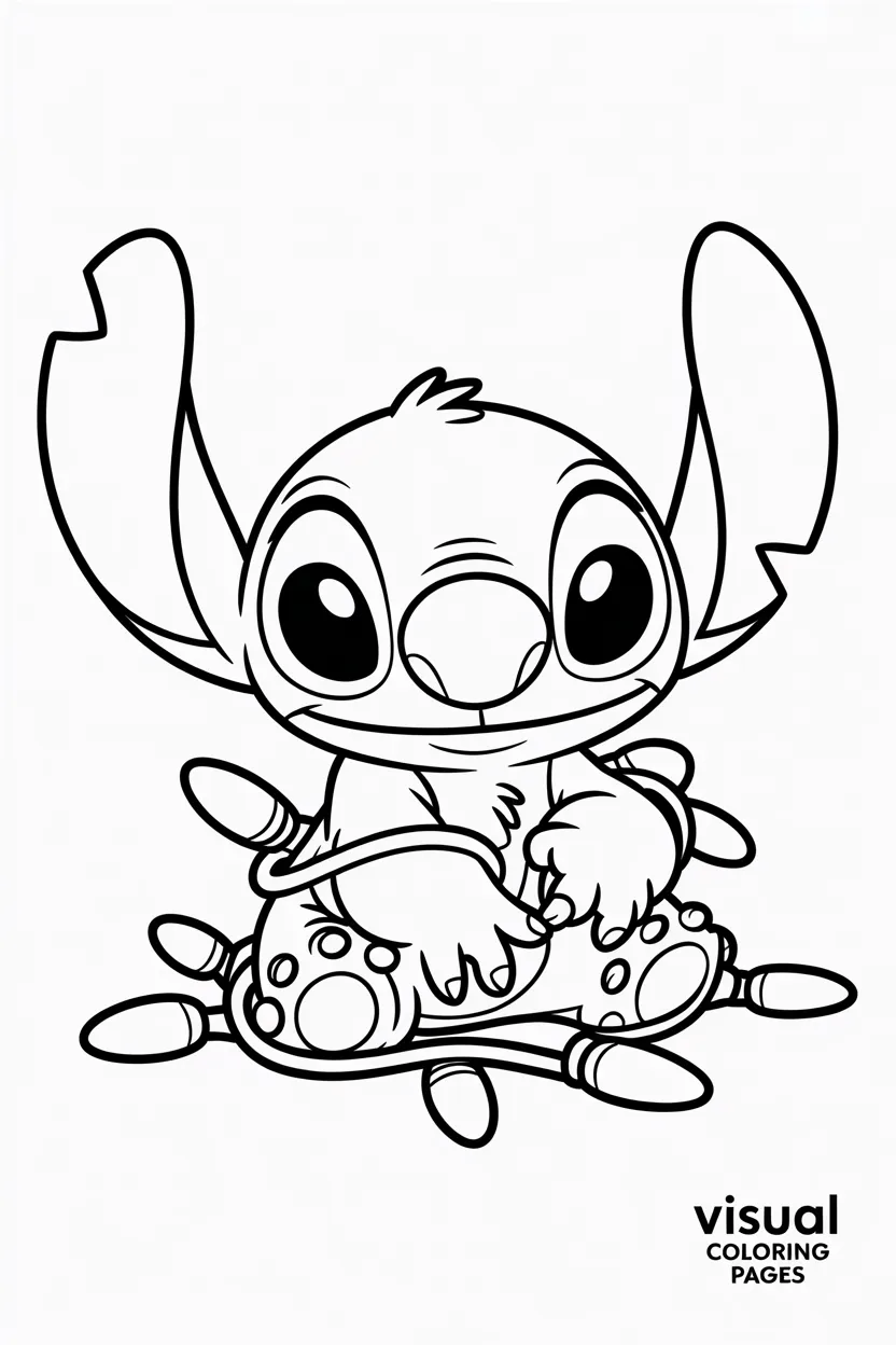 stitch from lilo and stitch tangled in christmas lights smiling