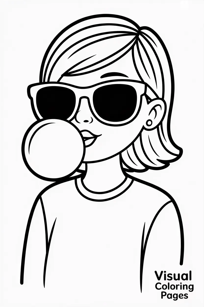 stylish cartoon girl in sunglasses blowing bubblegum
