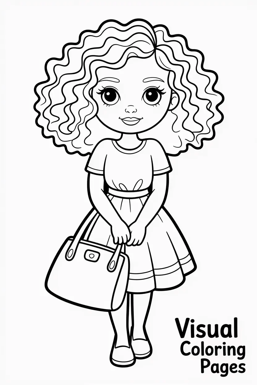 stylish girl with curly hair holding a handbag