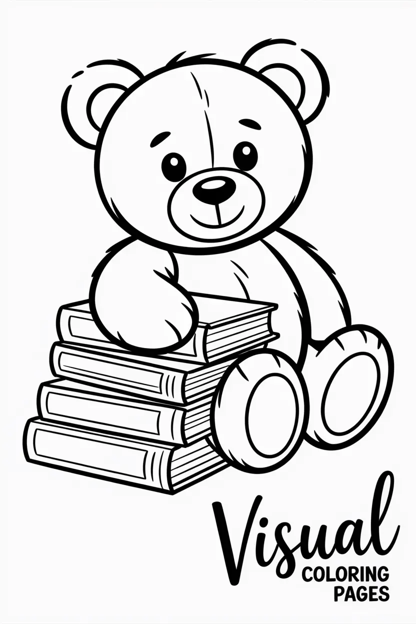 teddy bear sitting with a stack of books