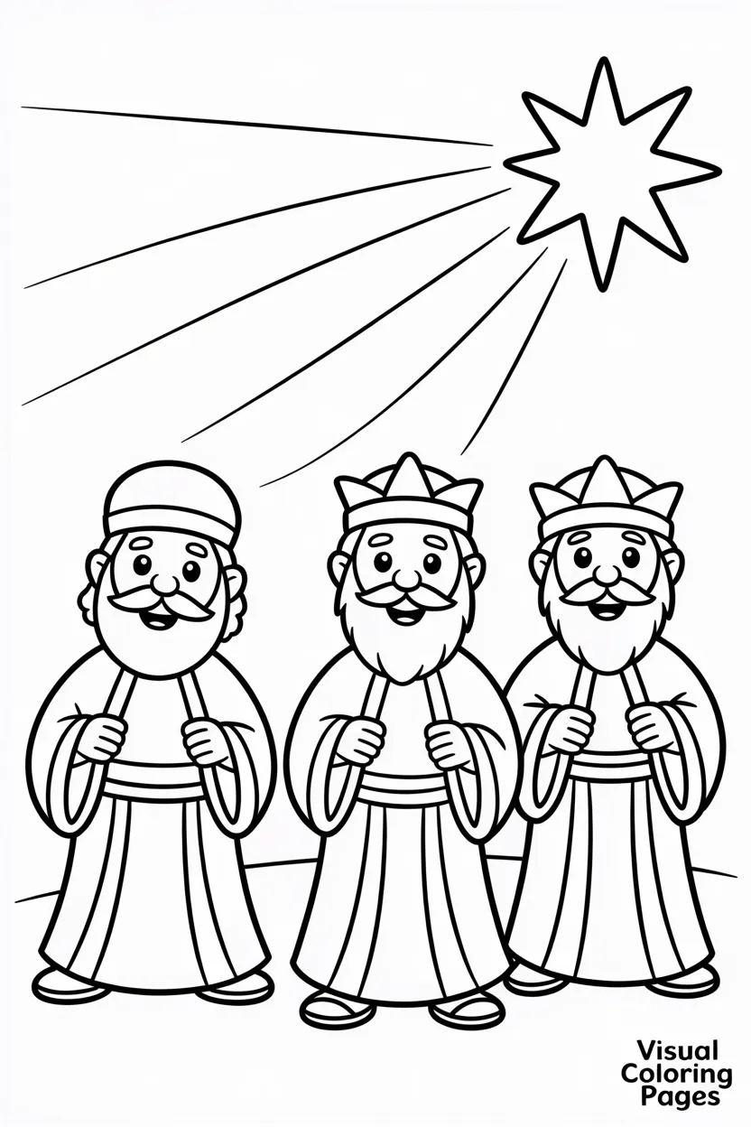 three wise men following a shining star in the sky