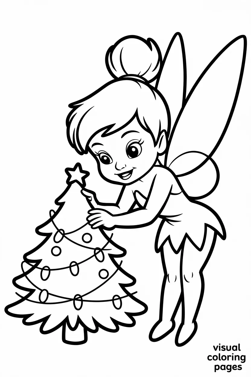tinker bell decorating a tiny fairy sized christmas tree with glowing lights