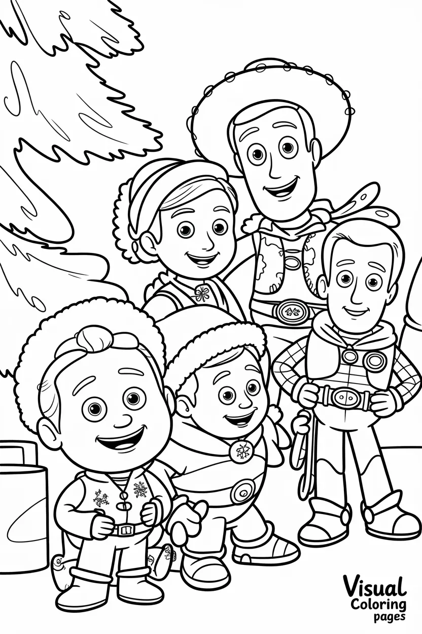 toy story characters wearing christmas outfits gathered around a tree