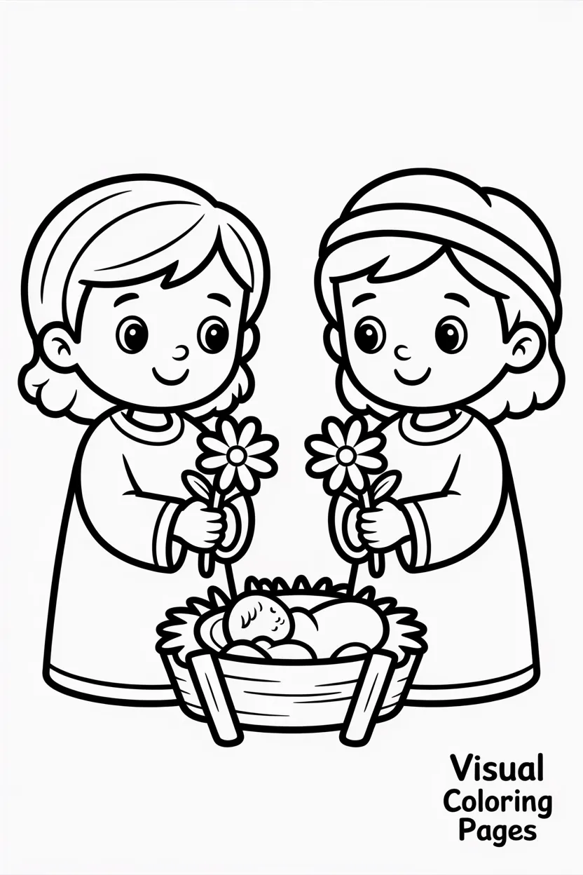 two children bringing flowers to baby Jesus at the manger