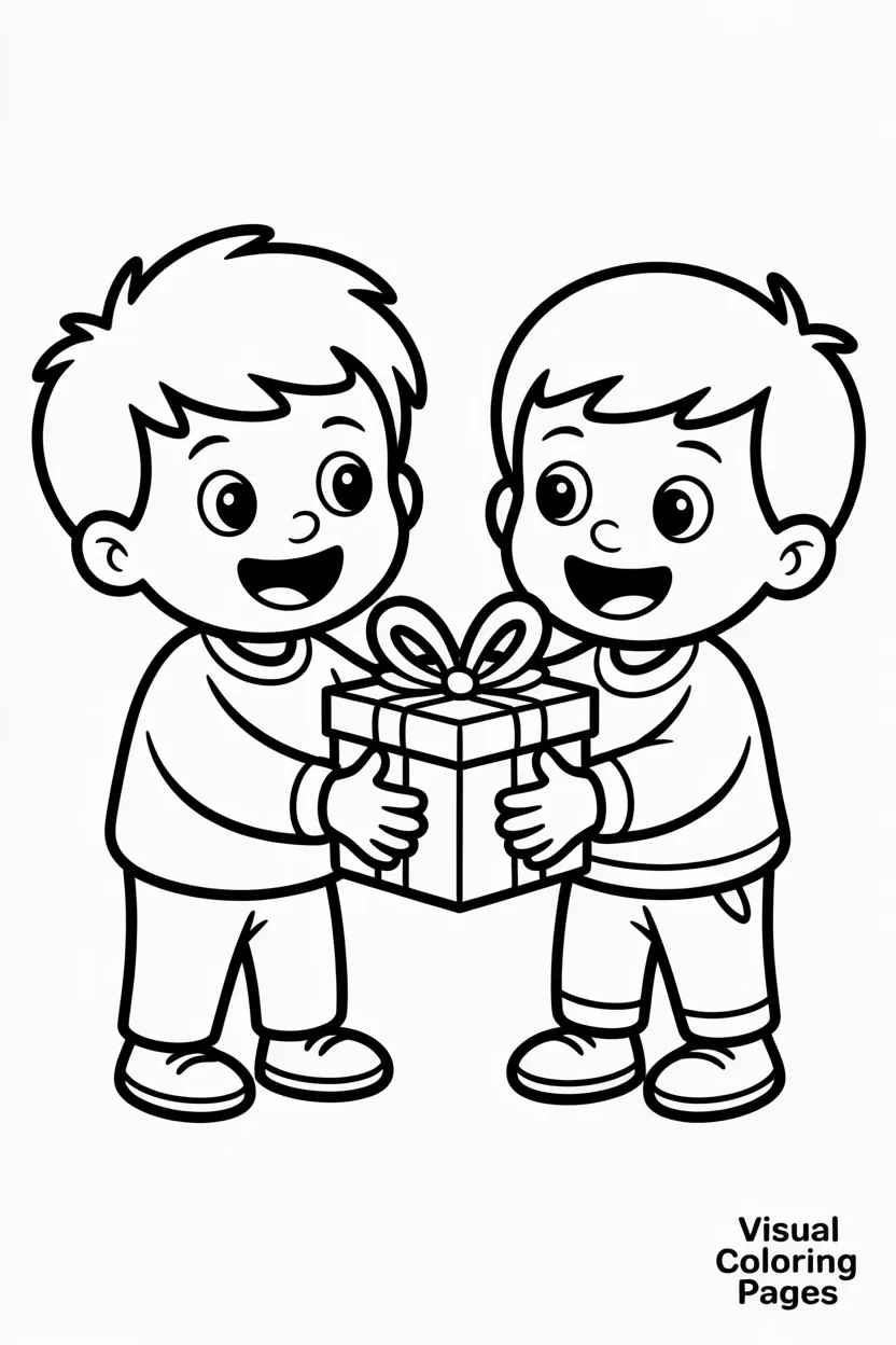 two children exchanging Christmas gifts with big smiles