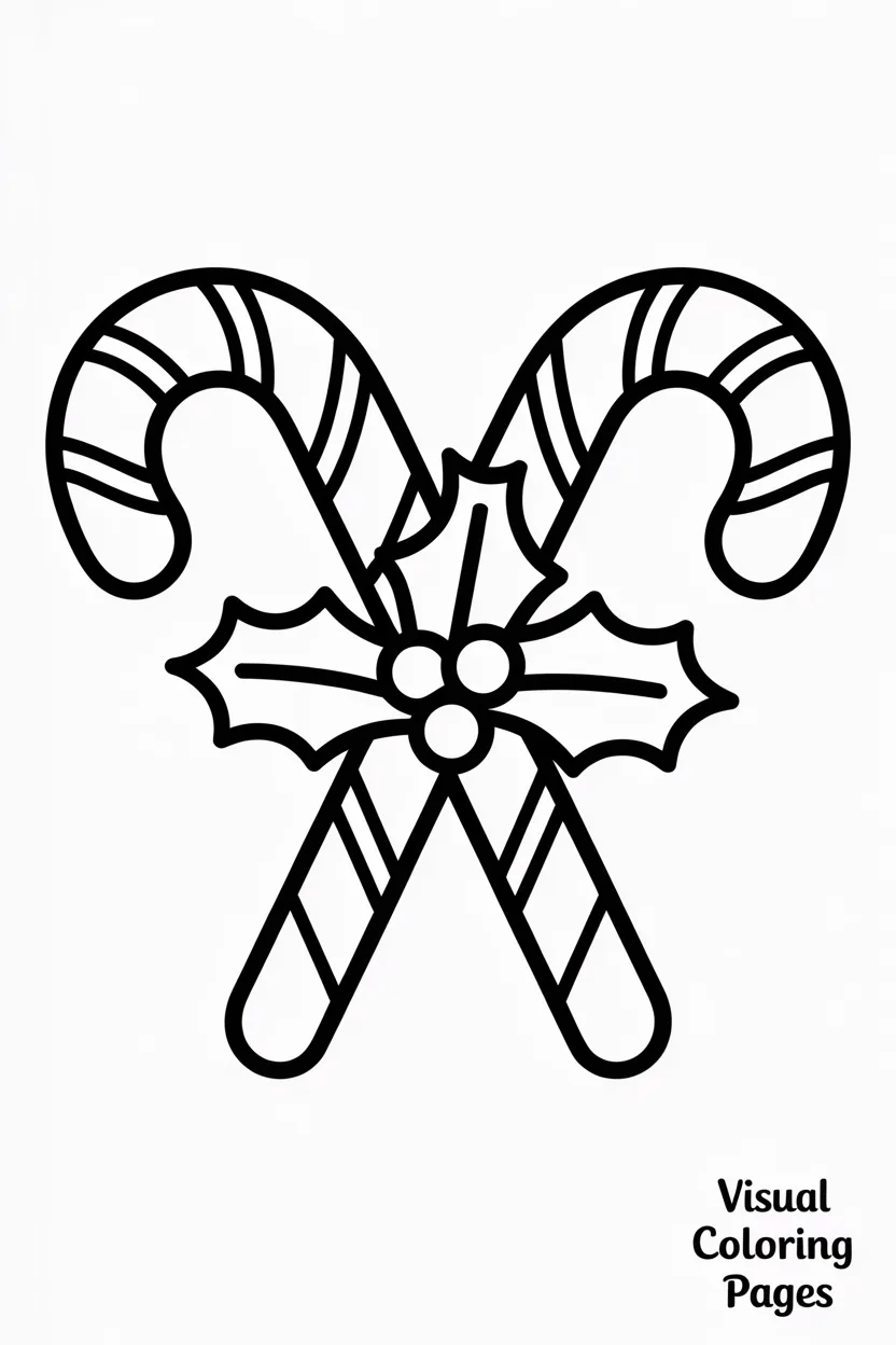 two crossed candy canes with holly leaves and berries