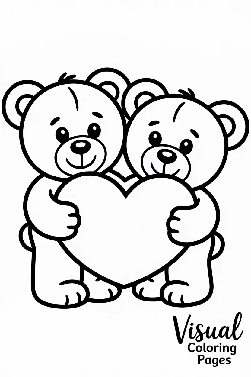 two cute teddy bears holding a giant heart