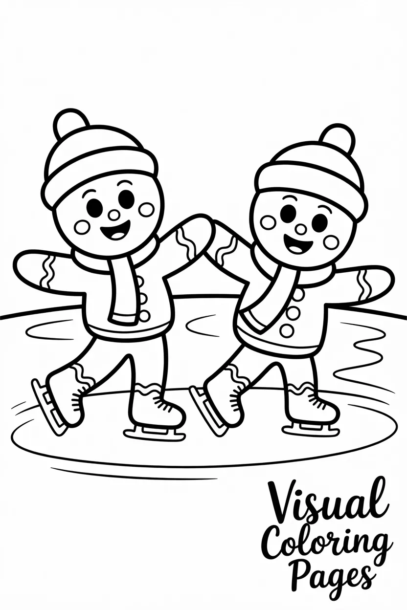 two gingerbread friends ice skating on a snowy pond