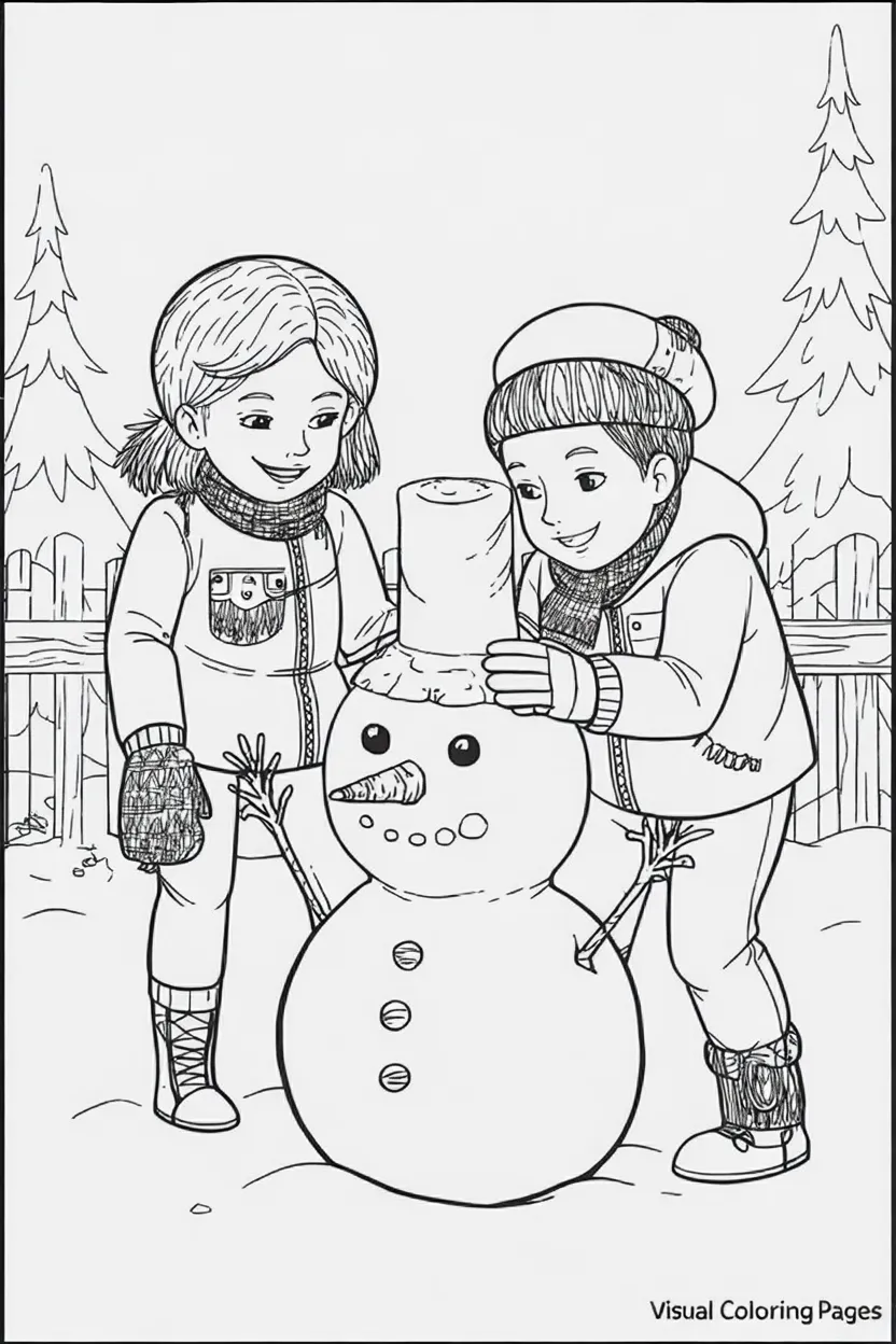 two kids building a snowman in the backyard coloring page