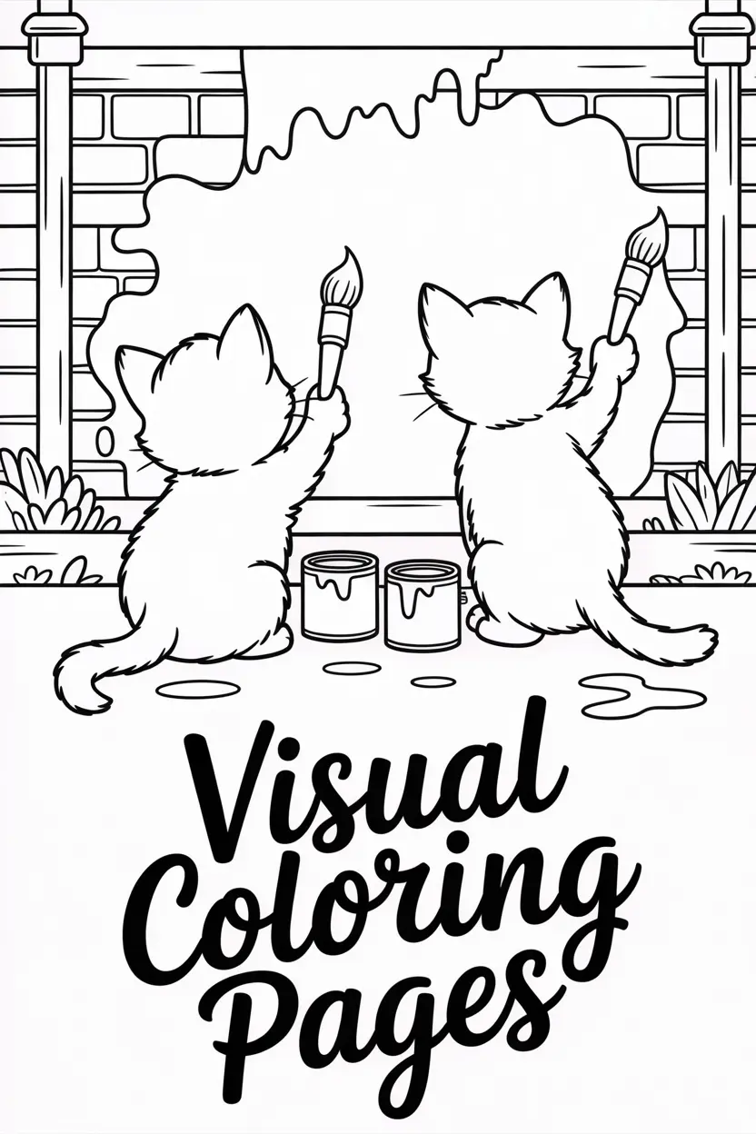 two kittens painting a mural on a garden wall