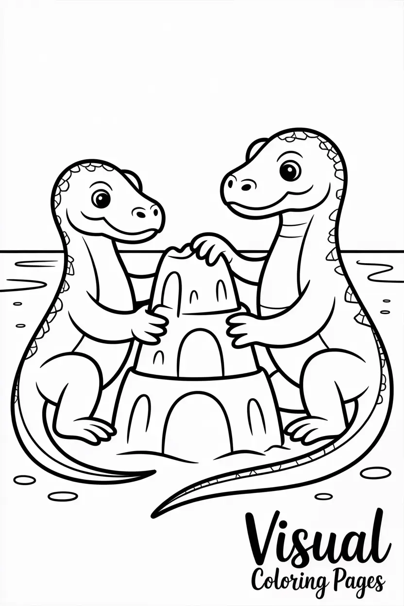 two komodo dragons building a sandcastle on the beach