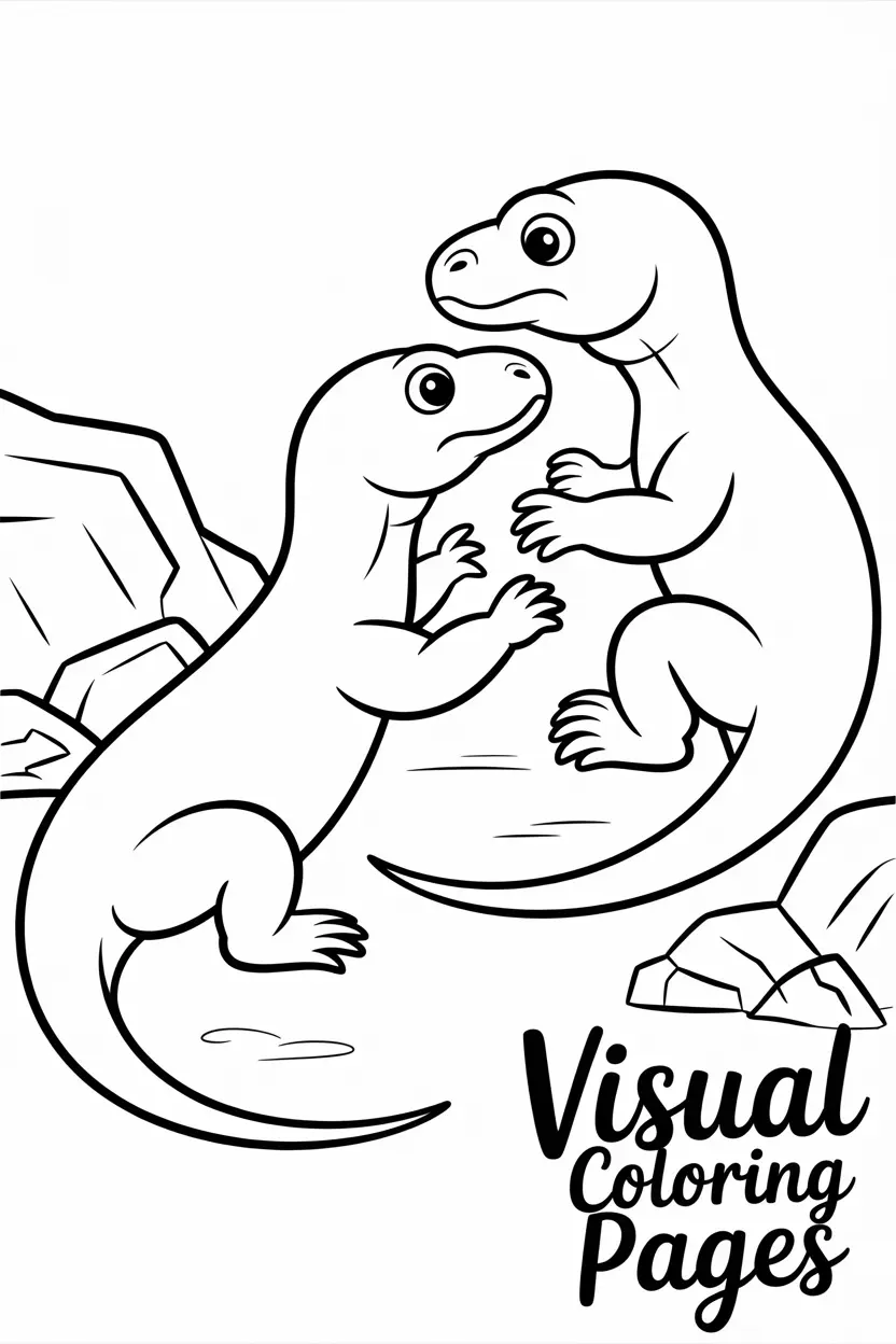two komodo dragons playing together near rocks