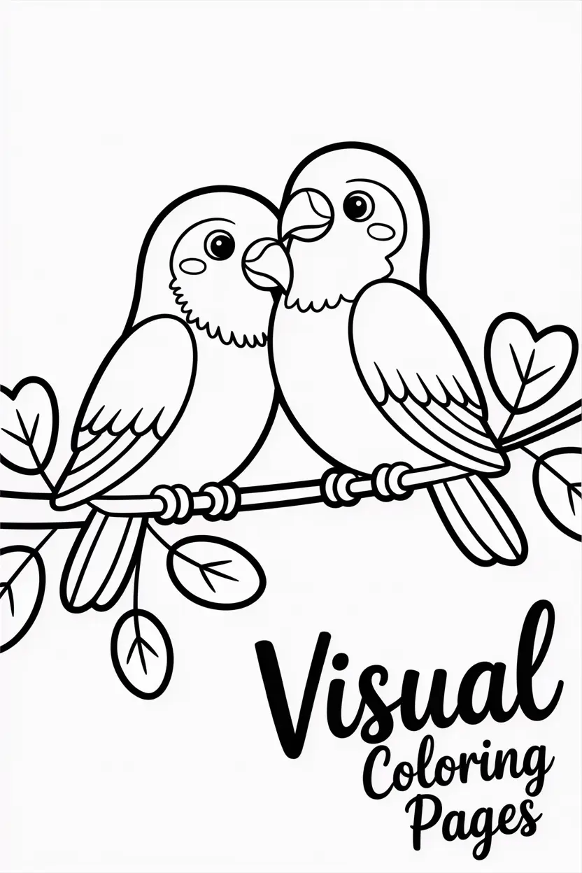two lovebirds sitting on a branch with heart shaped leaves