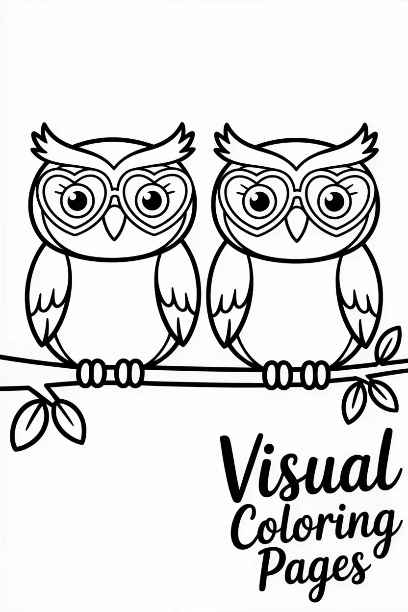 two owls sitting on a branch with heart shaped glasses