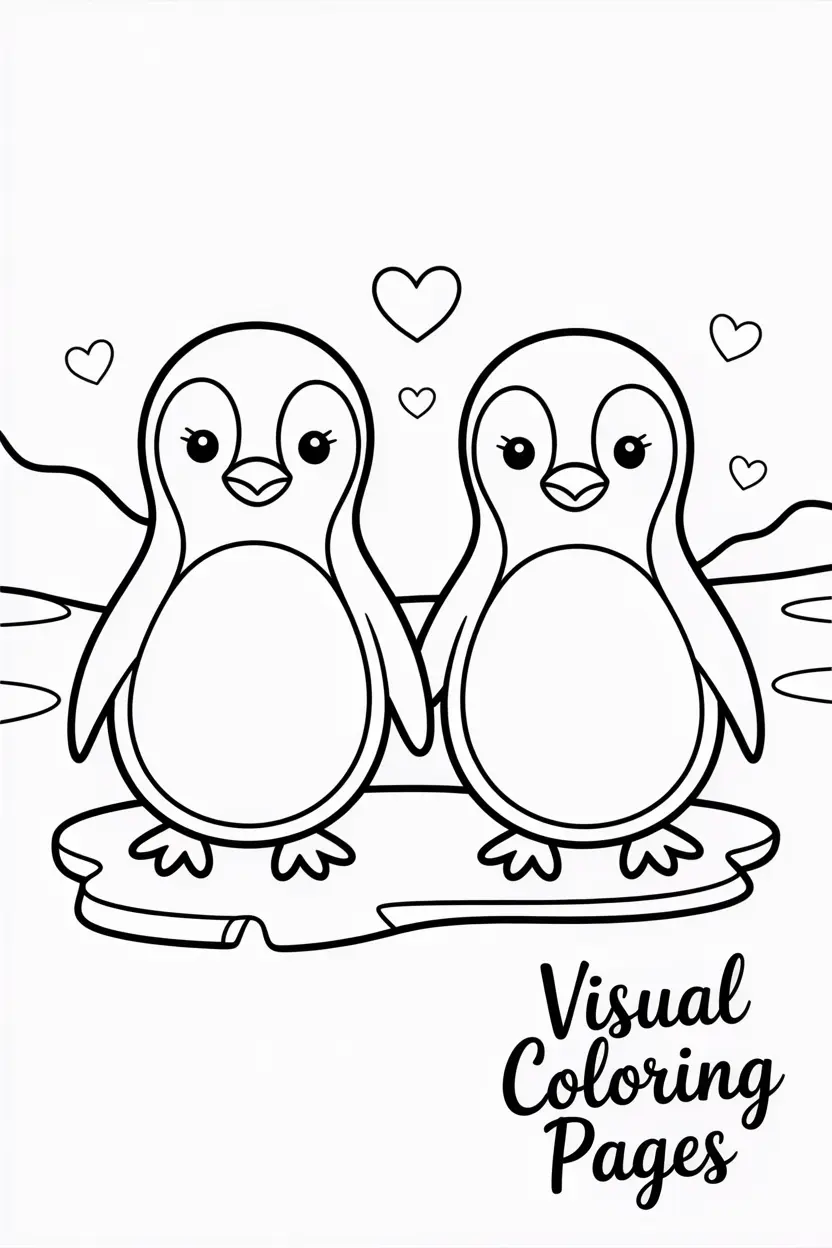two penguins holding hands on ice with hearts floating