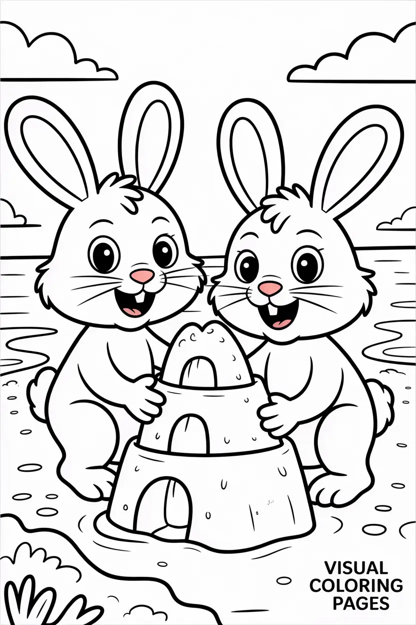 two rabbits building a sandcastle on the beach kids