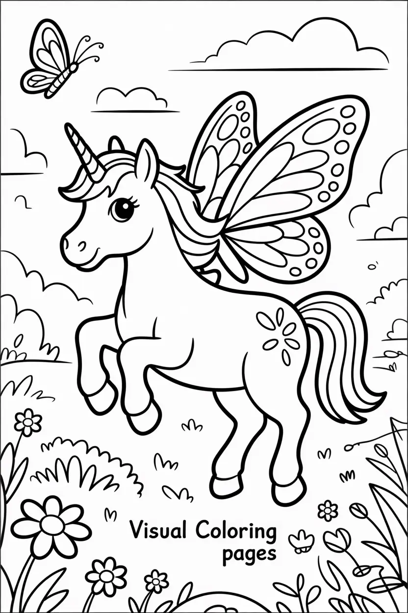 unicorn horse flying with butterfly wings in a magical meadow kids