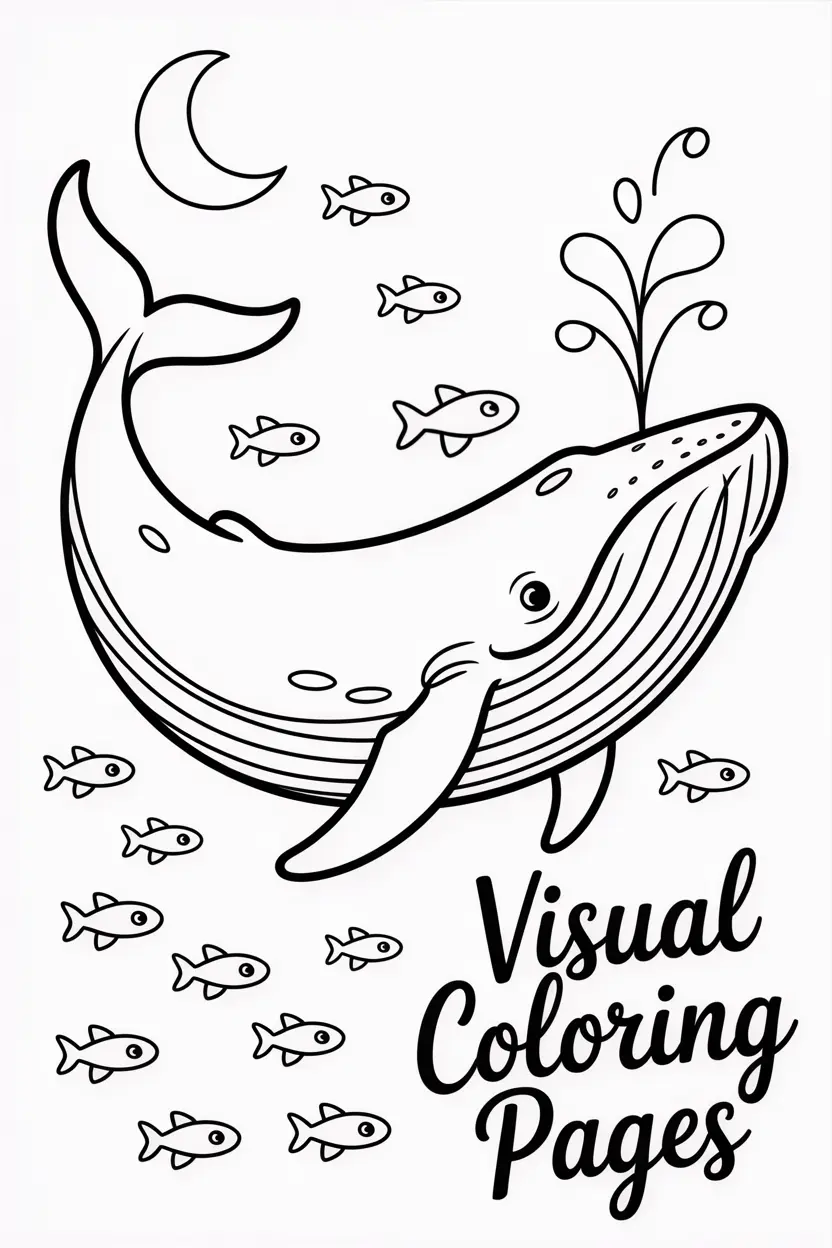 whale swimming under the moonlight with tiny fish