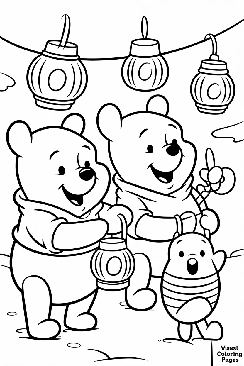 winnie the pooh and friends singing christmas carols with lanterns in the snow
