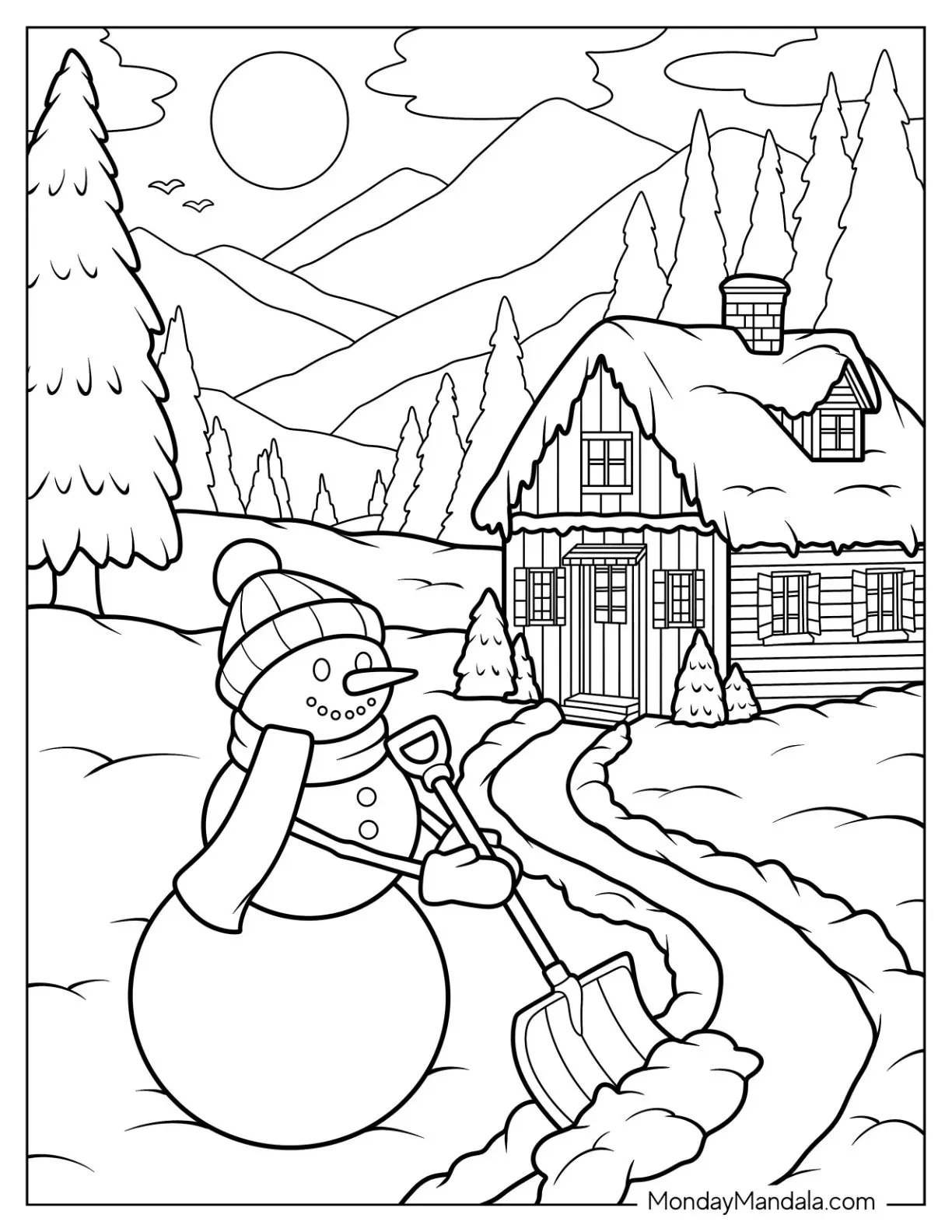 winter landscape with snowman clearing the walkway