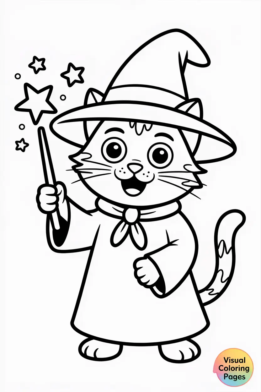wizard cat wearing a hat and holding a magic wand kids
