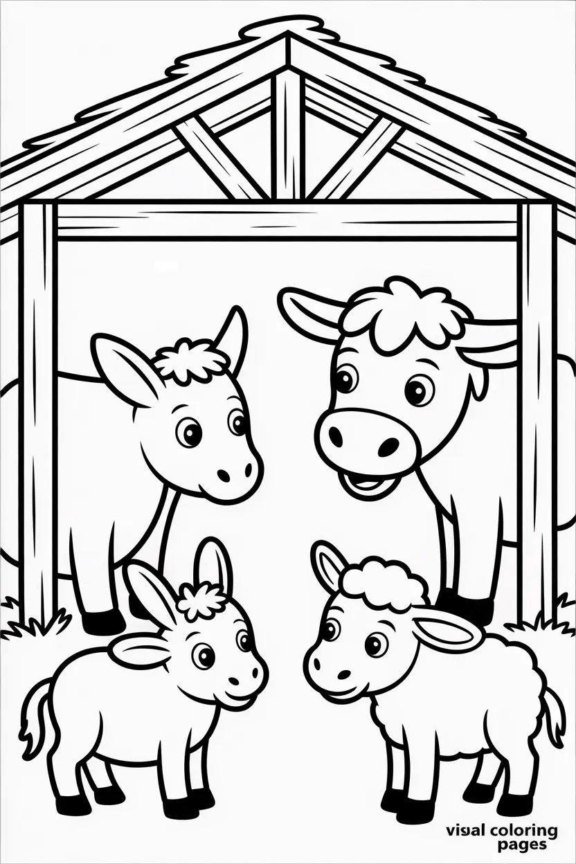 wooden stable with baby Jesus cow donkey and sheep looking inside