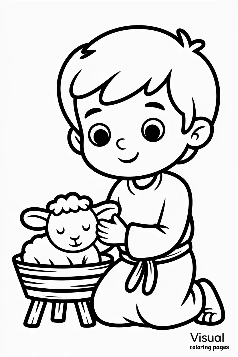 young shepherd boy kneeling near manger with a lamb as gift