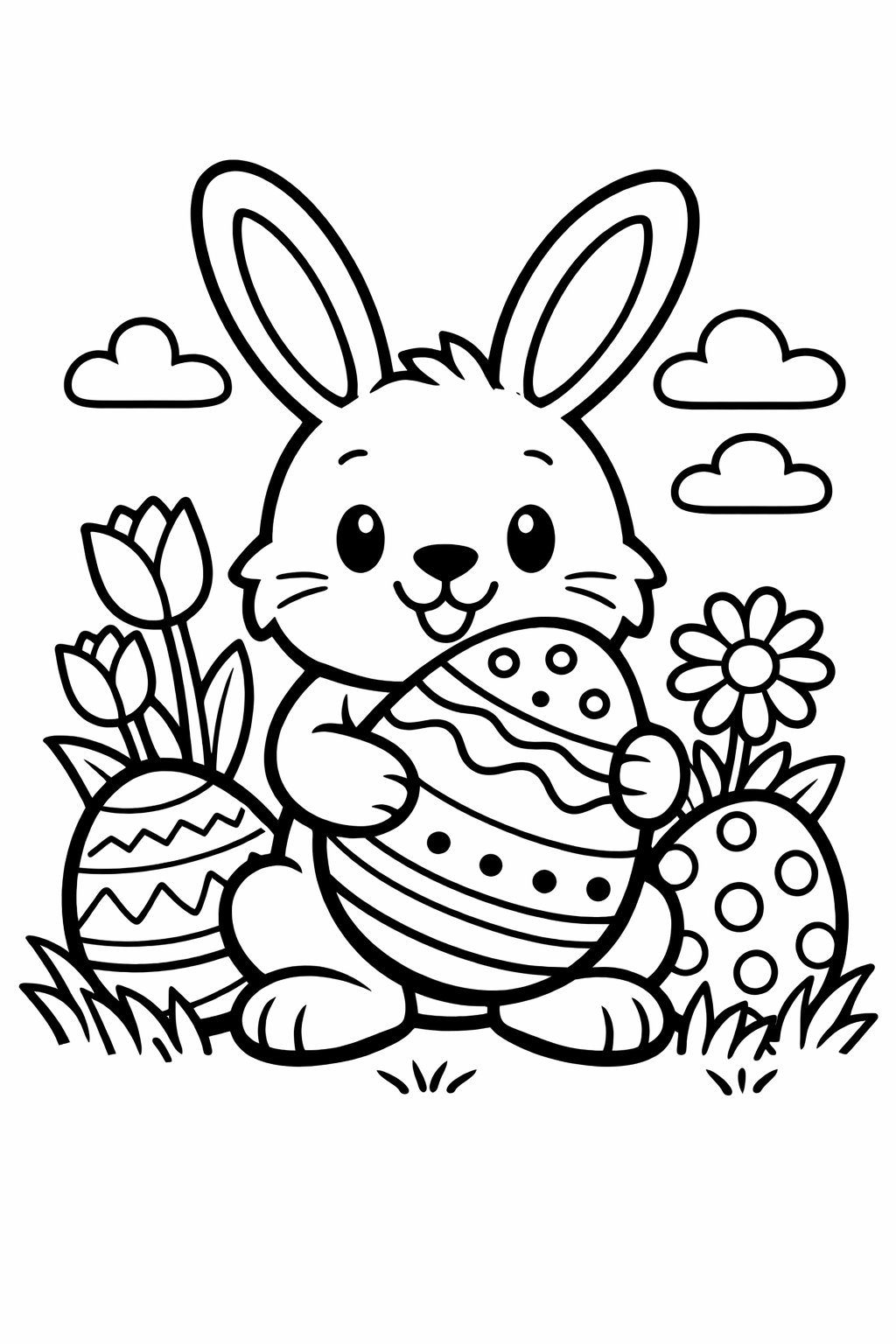 An Easter Bunny holding a decorated Easter egg surrounded by other Easter eggs and spring flowers.