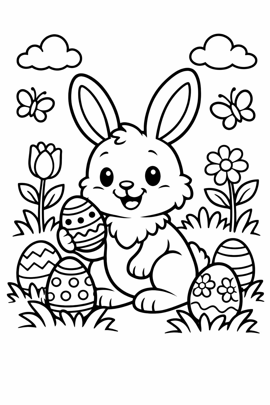 A friendly Easter Bunny surrounded by decorated Easter eggs and flowers.