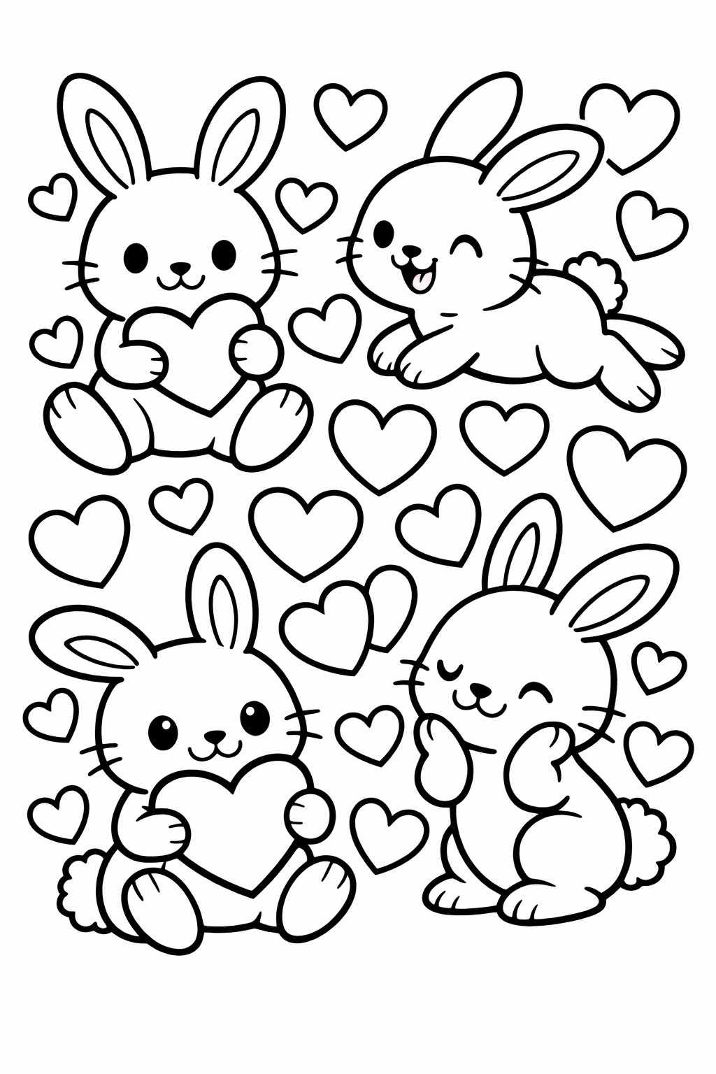 A group of playful Easter bunnies surrounded by various heart shapes.