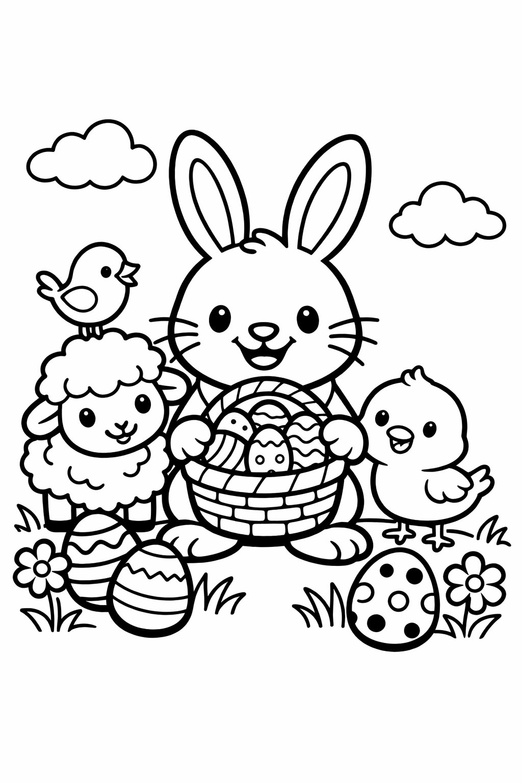 An Easter Bunny holding a basket of eggs surrounded by a chick, a lamb, and a small bird in a simple outdoor scene.