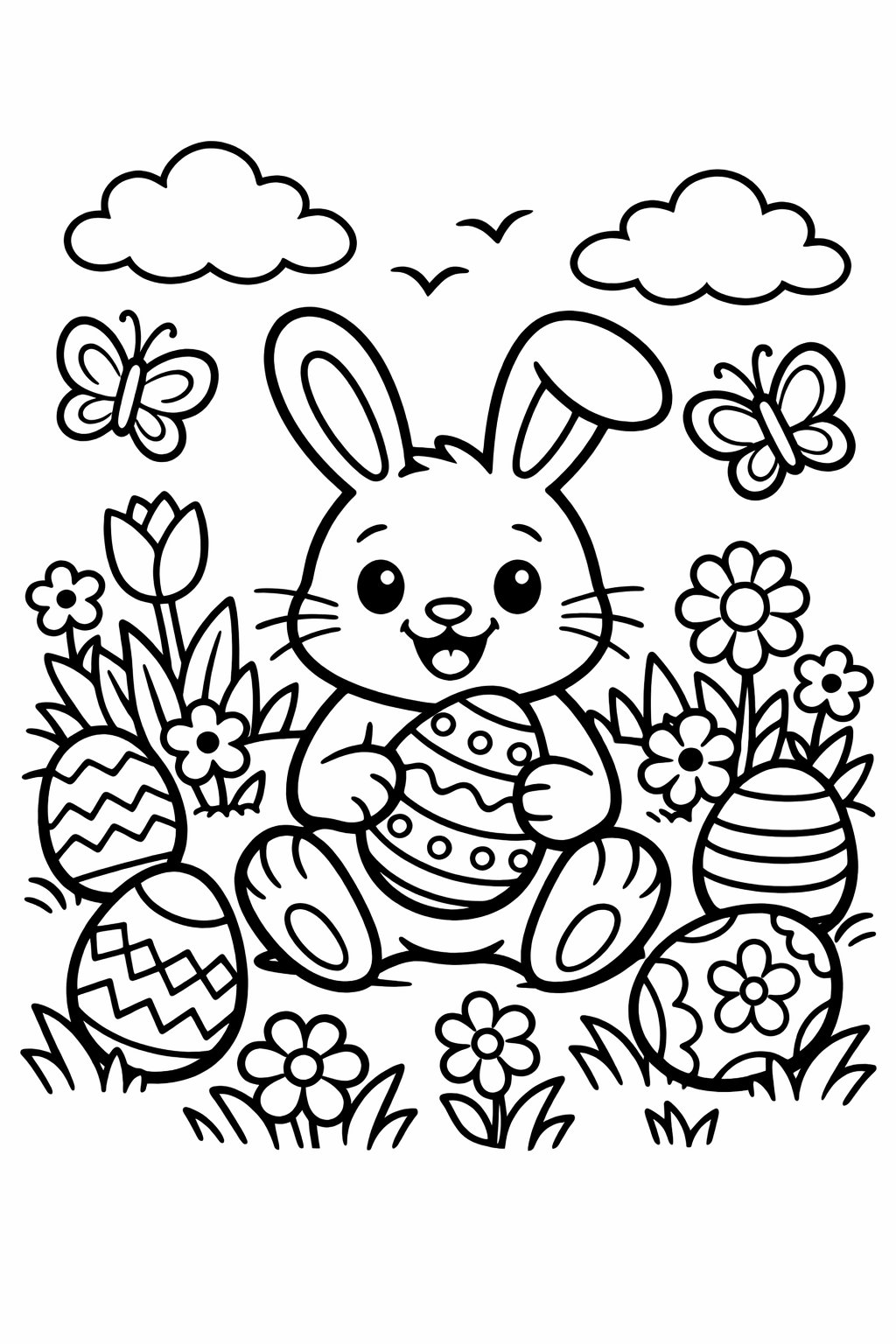 An Easter Bunny holding an Easter egg surrounded by flowers, grass, butterflies, and decorated Easter eggs.