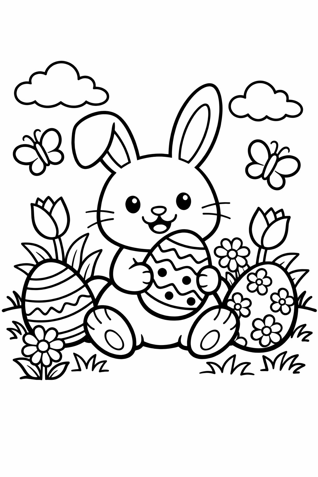 An Easter Bunny holding an Easter egg surrounded by decorated eggs and spring flowers.