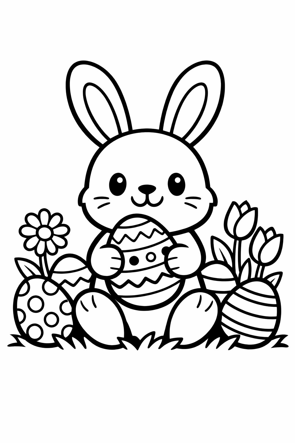 An Easter Bunny holding a decorated egg, surrounded by Easter eggs and spring flowers.