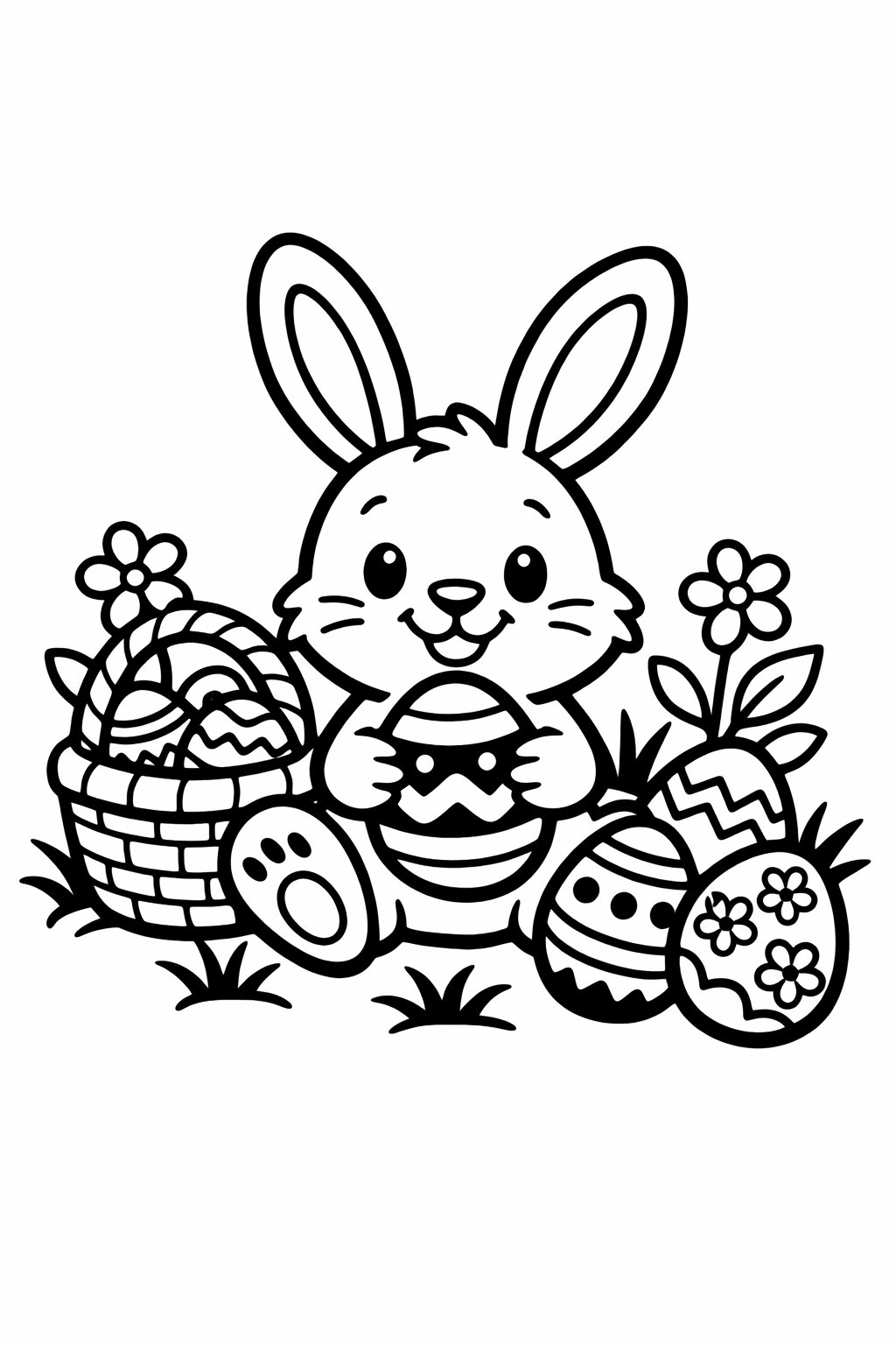 A cheerful Easter Bunny holding an Easter egg surrounded by decorated eggs and flowers.