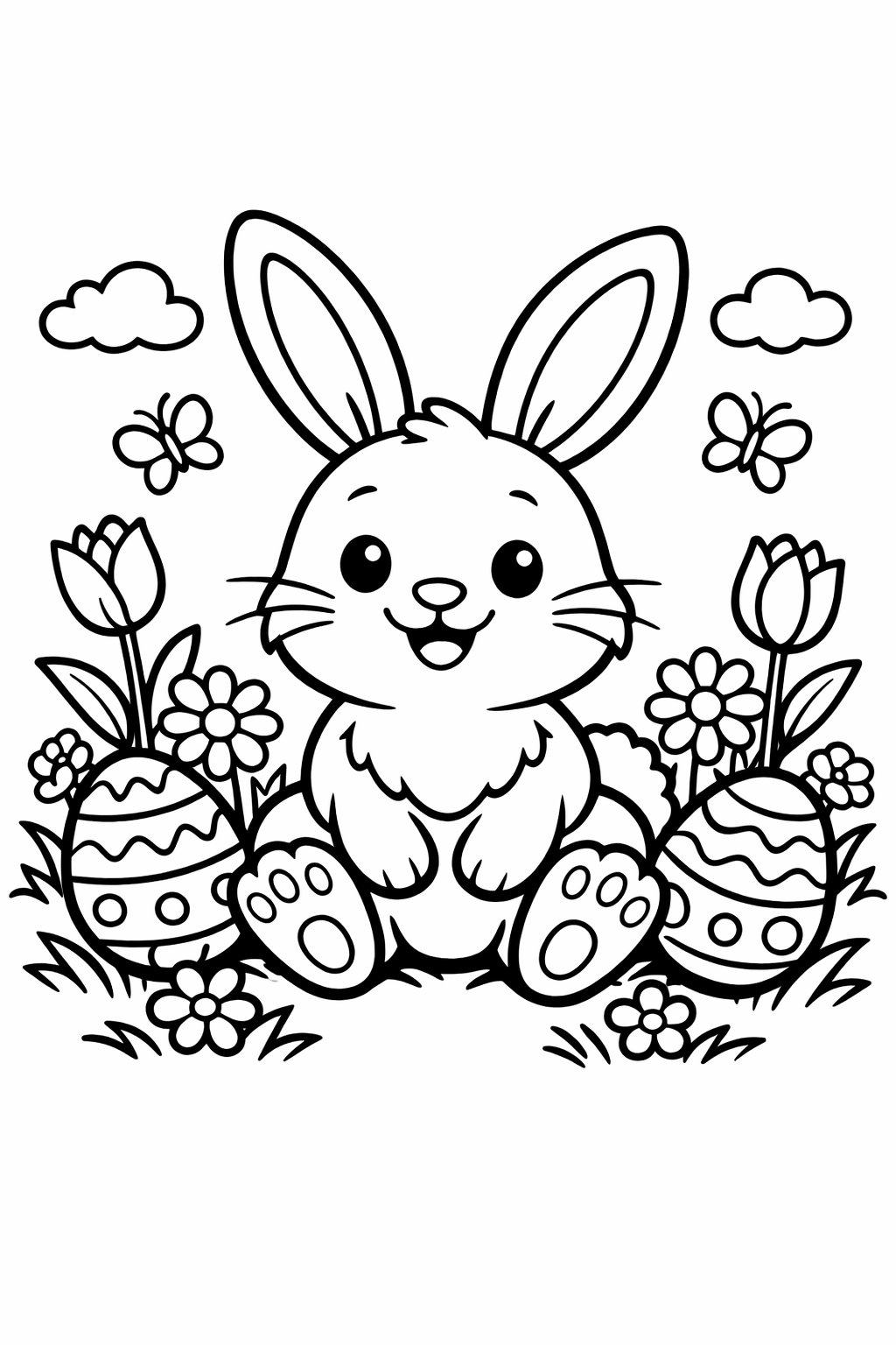 An Easter Bunny sitting among decorated eggs and flowers in a springtime scene.