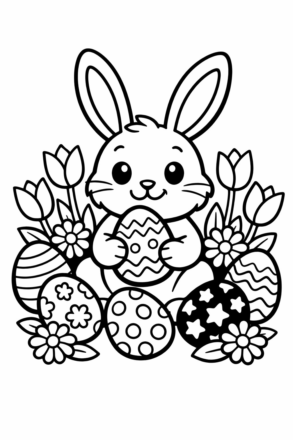 A happy Easter Bunny sitting with decorated Easter eggs and spring flowers around it.