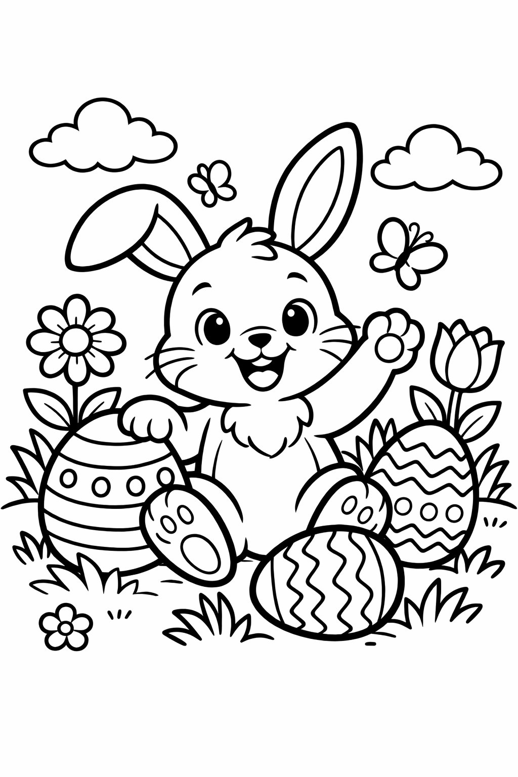 An Easter Bunny standing with Easter eggs and flowers around it in a garden setting.