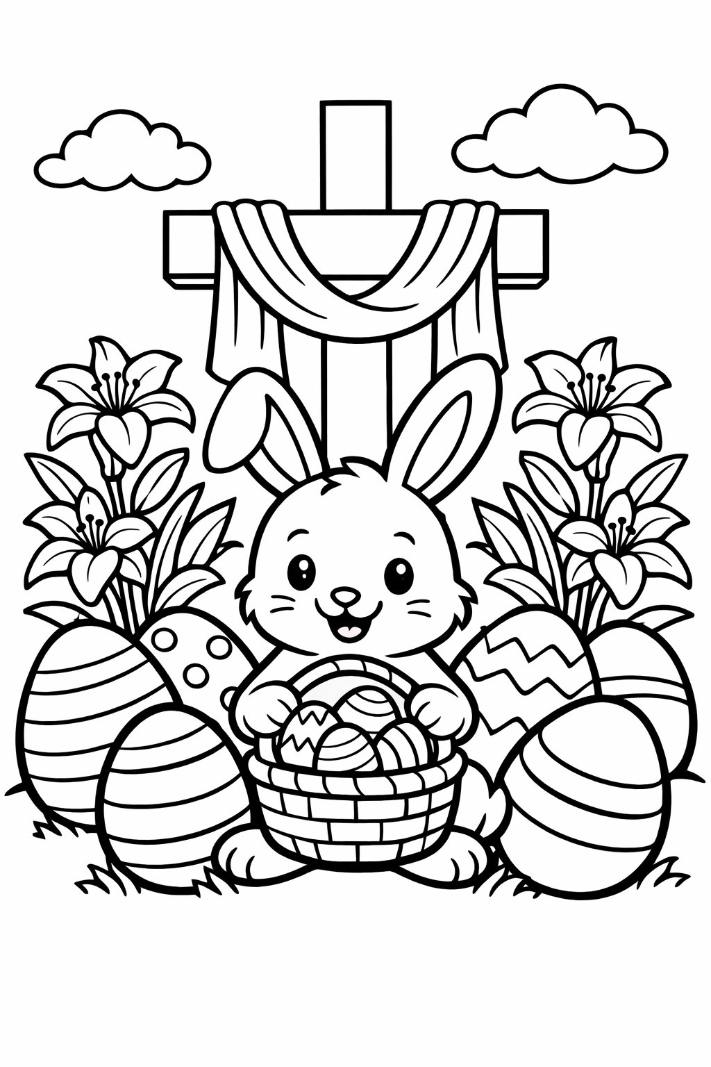 A joyful Easter bunny holding a basket of decorated eggs next to a cross draped with cloth and blooming lilies.