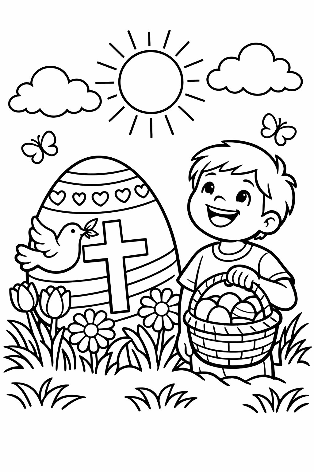 A child holding an Easter basket next to a large decorated Easter egg with a cross and dove, surrounded by flowers and grass.