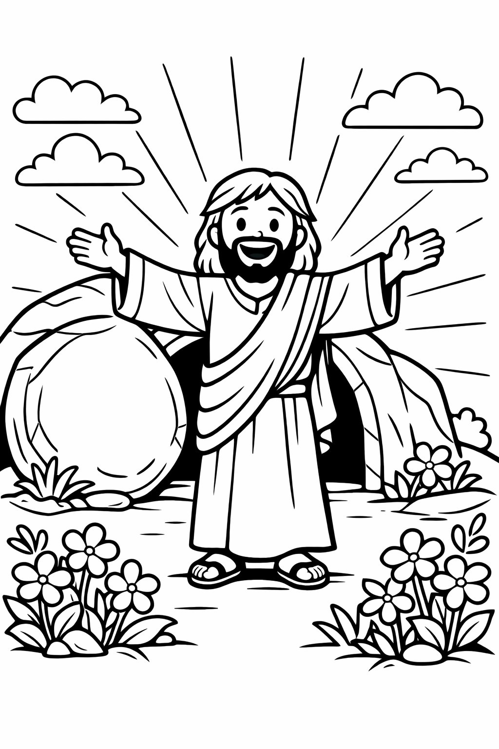 Jesus standing outside the empty tomb with the stone rolled away, surrounded by flowers and rays of light.