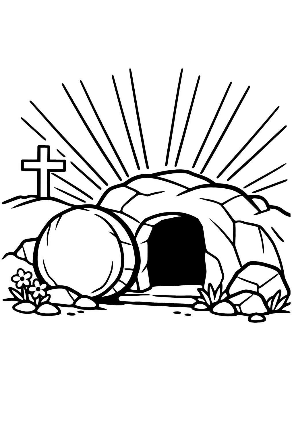 An empty tomb with a rolled-away stone and a cross in the background, symbolizing the Resurrection.